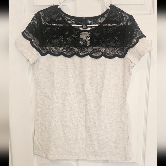 Tops - H&M Elegant Lace Trim Women's Top - Whitish Gray With Black Lace
